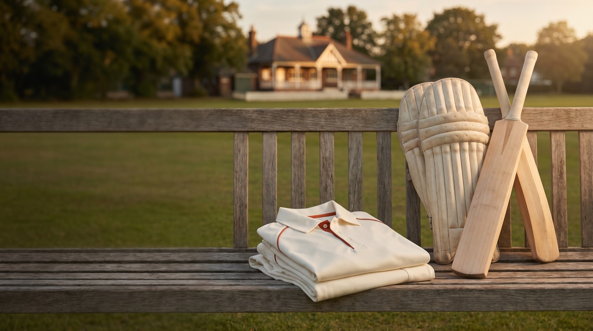 Folded blank cricket whites with orange placket trim beside pads and bat on a ground bench, REV Store