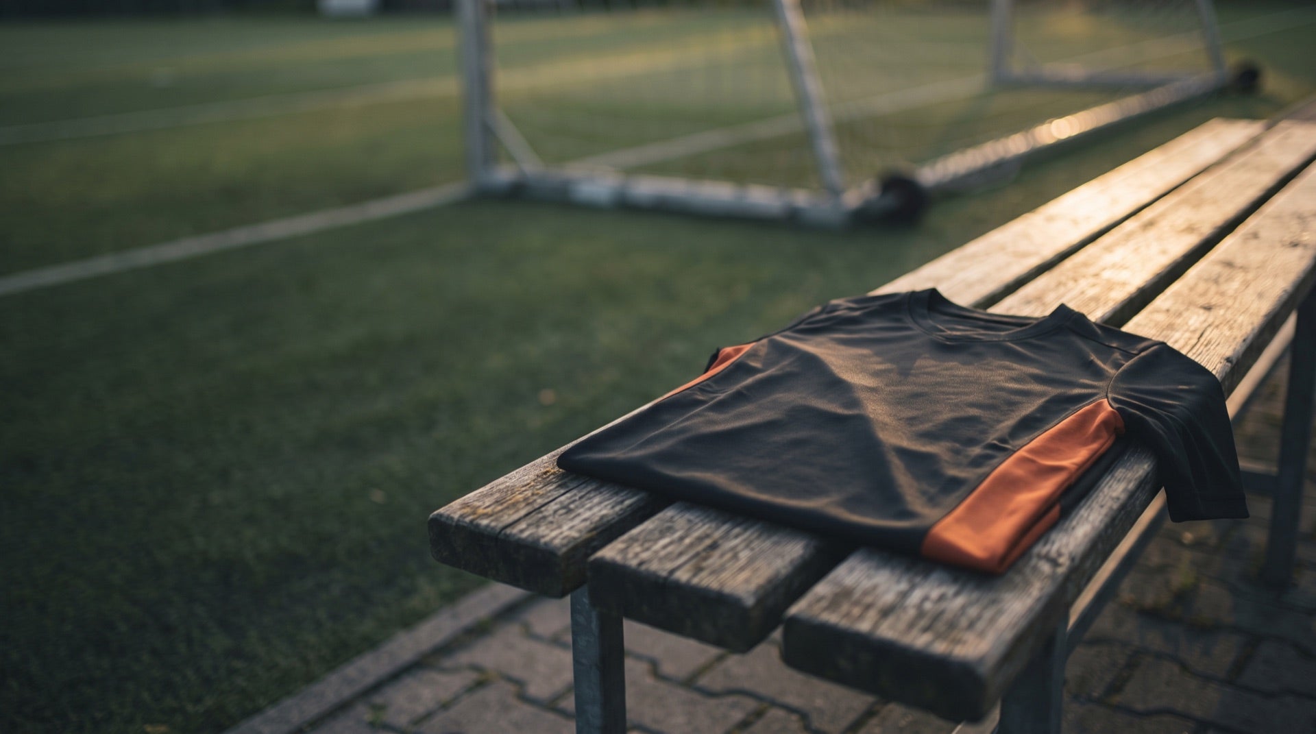 Blank black football jersey with orange side panel on a pitch-side bench at golden hour, REV Store