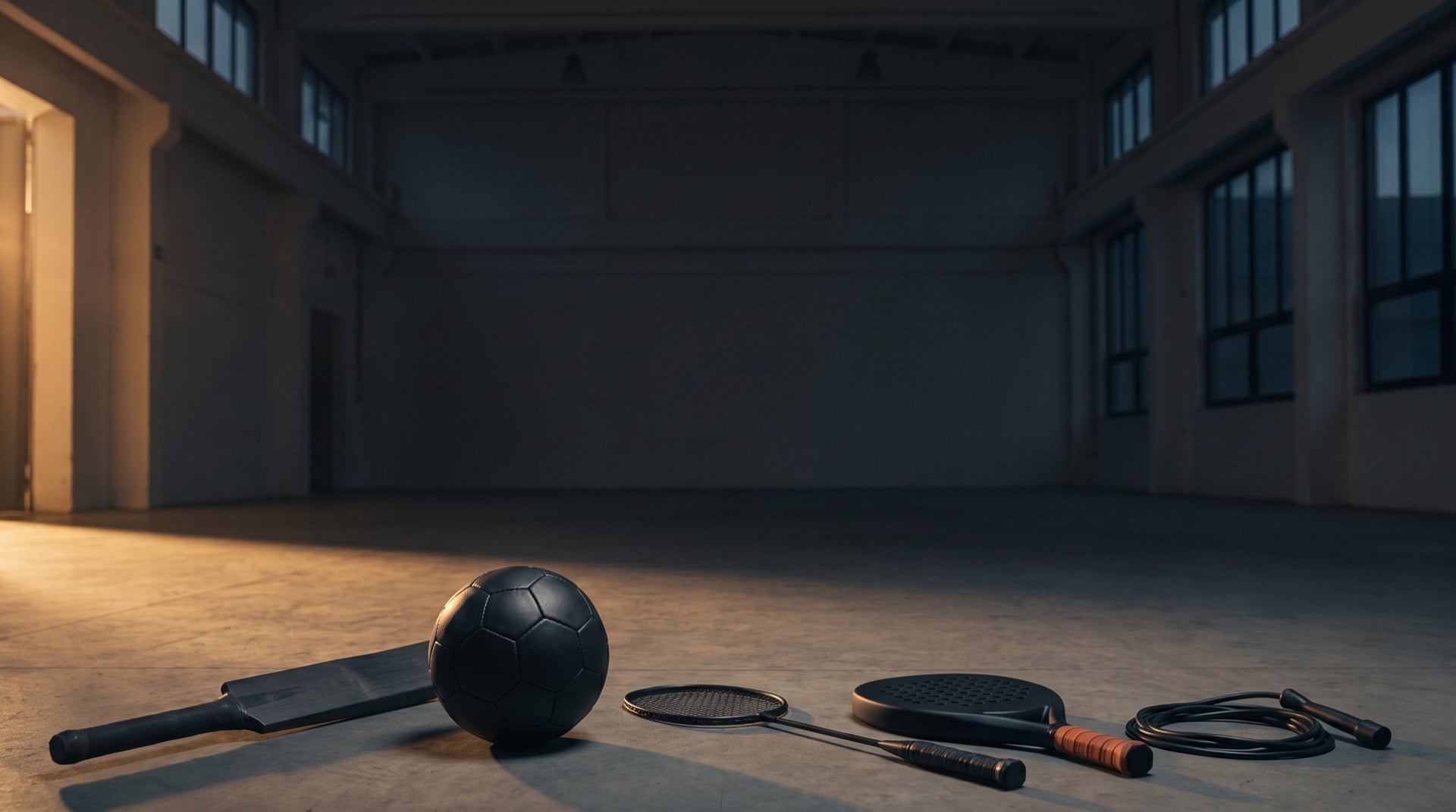 Multi-sport equipment lined up on a dark training hall floor at dusk - Gear up Game on band, REV Store